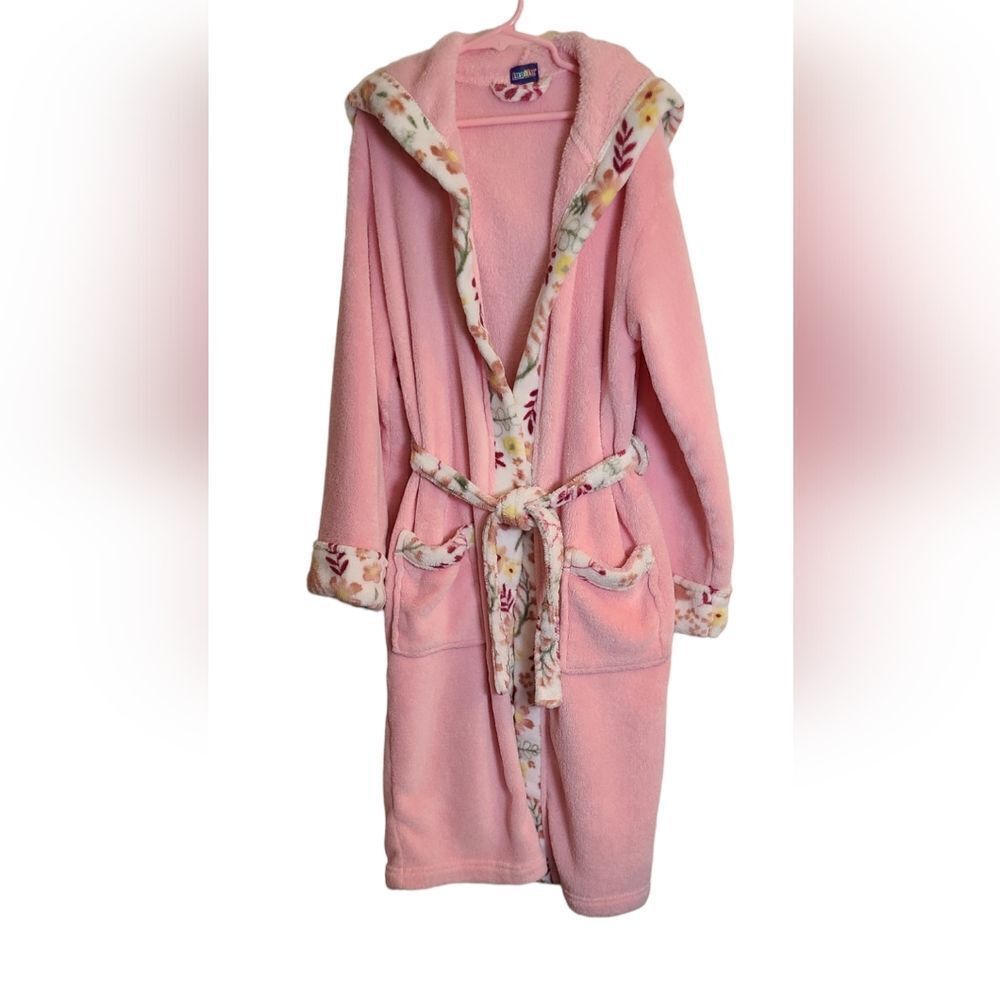 Lupilu Robe Soft Plush Pink With Floral Trim And Tie Belt Girls sz L/XL - Picture 10 of 11